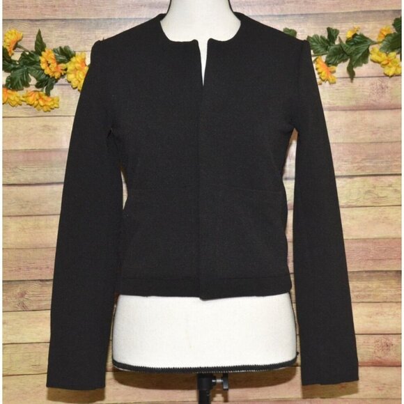 Mango Suit Black Open Front Crop Jacket Size XS Pockets Ribbed Career Casual - Picture 3 of 10